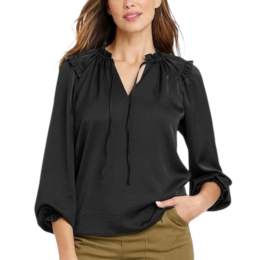 Knox Rose Ruffle Shoulder V-Neck Tie Solid Blouse Black Boho Chic Size L